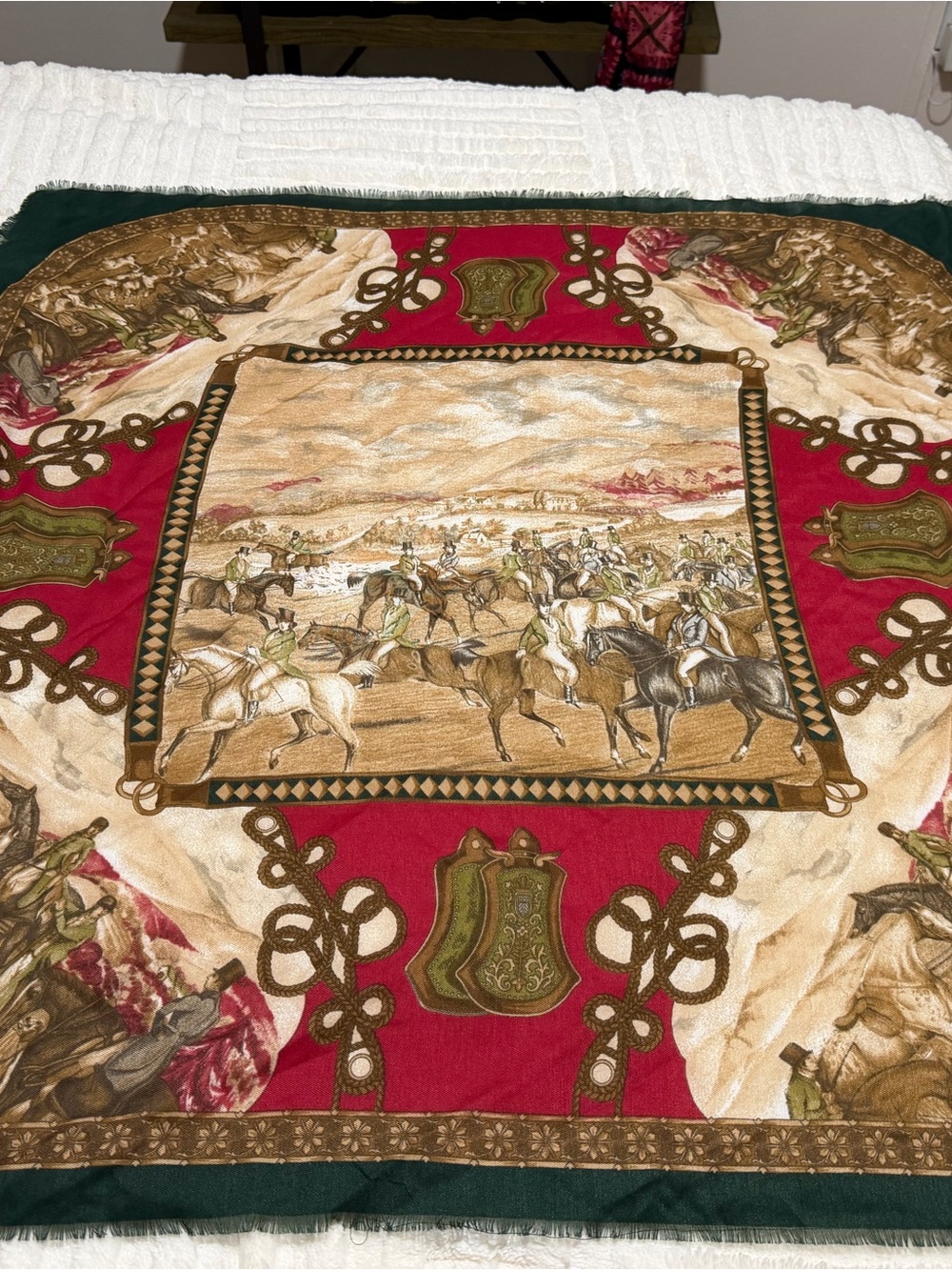 Green Polyester Scarf with Brown Gold Pattern